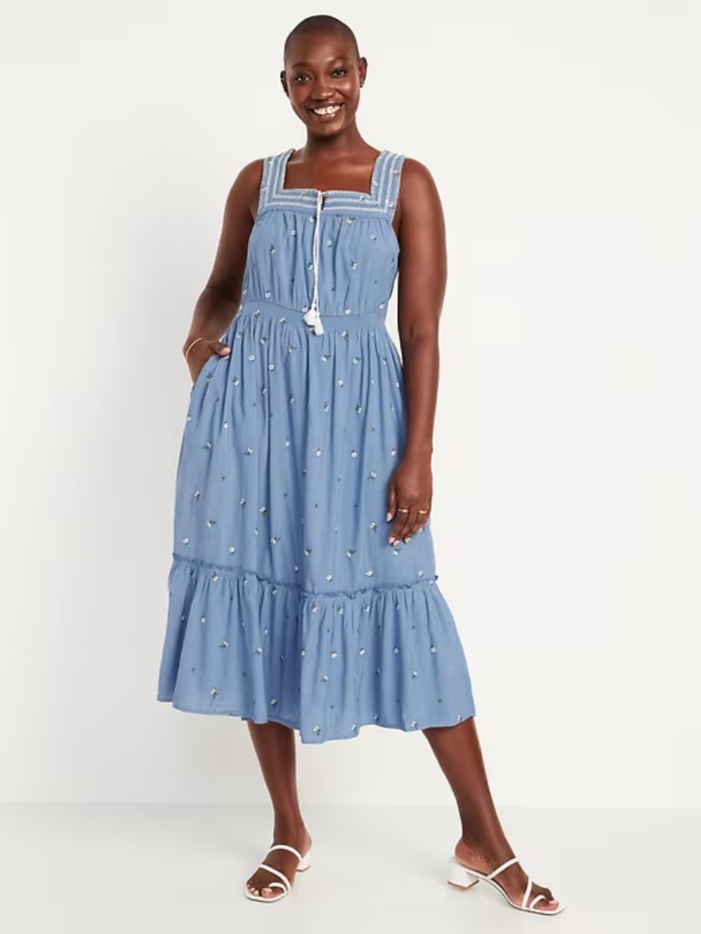 Old Navy Blue Embroidered Maxi Dress with Tassel Tie Size S